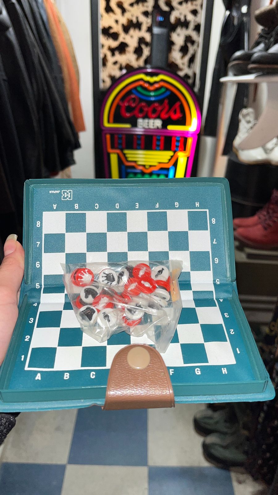 product details: SWEET! VINTAGE 1960S-70S MINI TRAVELING CHESS SET IN CARRYING CASE - DEADSTOCK photo