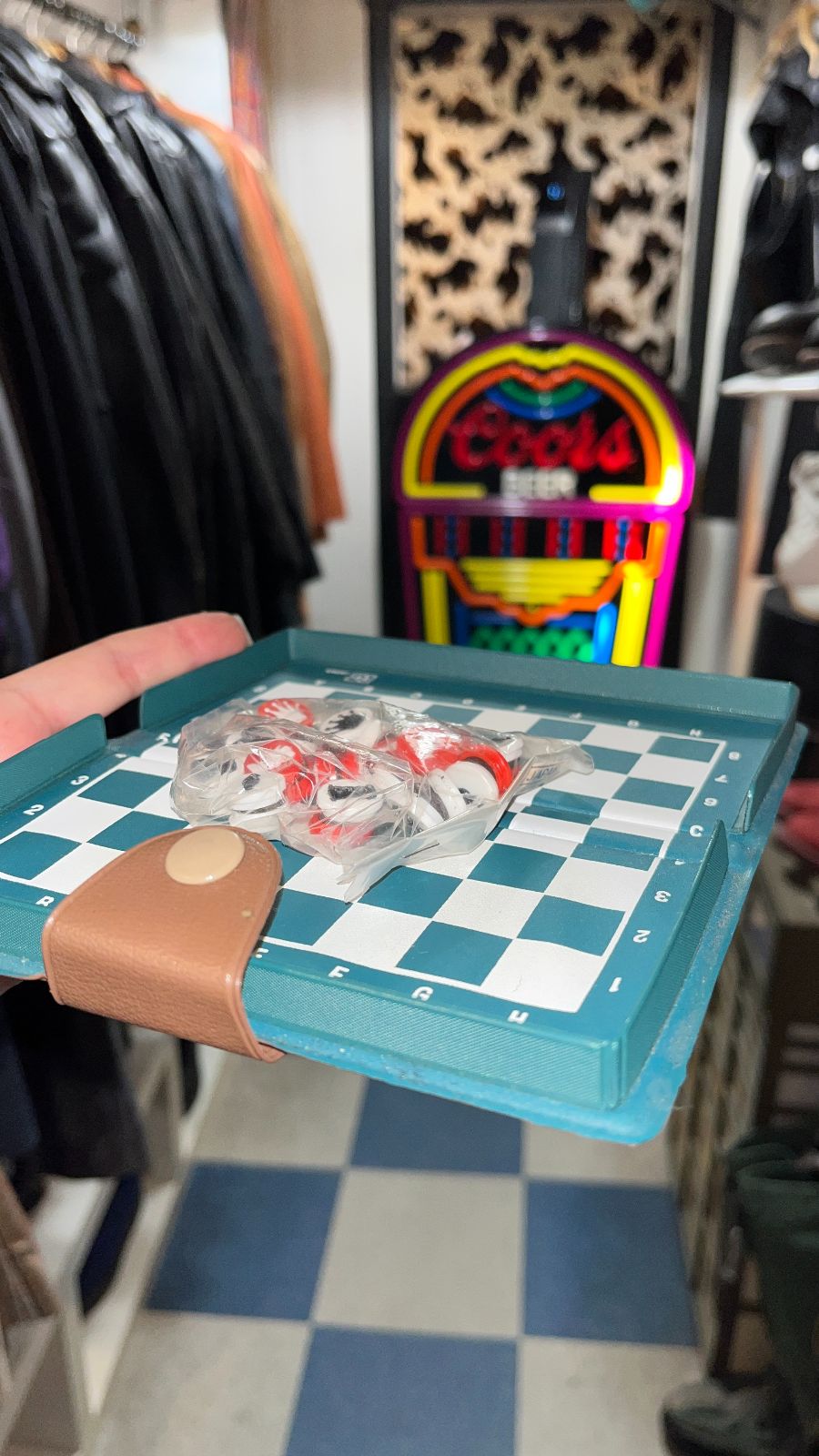 product details: SWEET! VINTAGE 1960S-70S MINI TRAVELING CHESS SET IN CARRYING CASE - DEADSTOCK photo