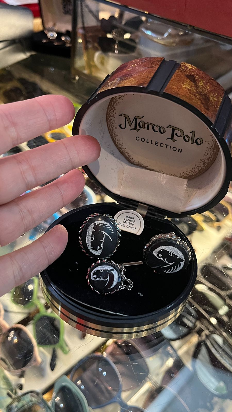 product details: HAND ETCHED MARBLE HORSE DESIGN CUFFLINKS & TIE TACK SET - GIFT BOX SET photo