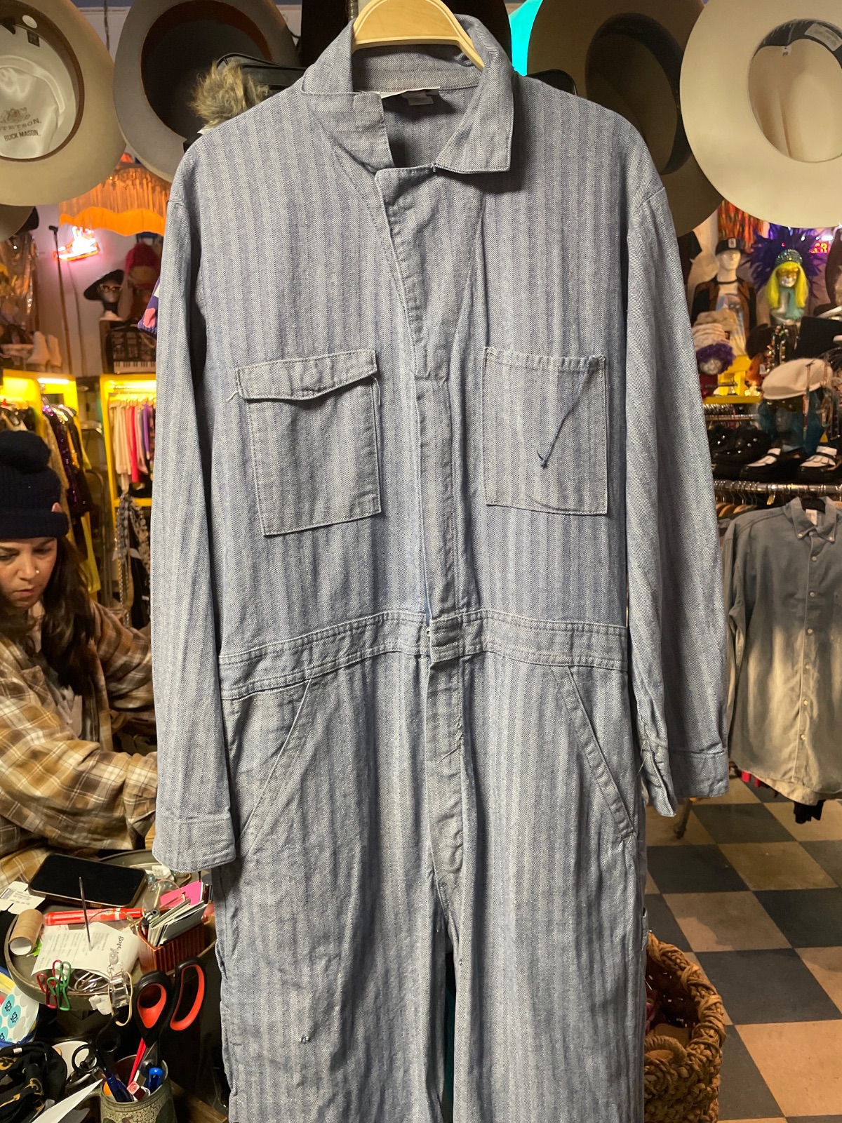 product details: 1990S CLASSIC STRIPED HERRINGBONE WORKWEAR MECHANICS STYLE JUMPSUIT COTTON photo
