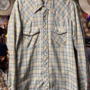 Photo detail:*AS-IS* RETRO PASTEL PLAID LONG SLEEVE PEARL SNAP WESTERN SHIRT FUNKY COLLAR