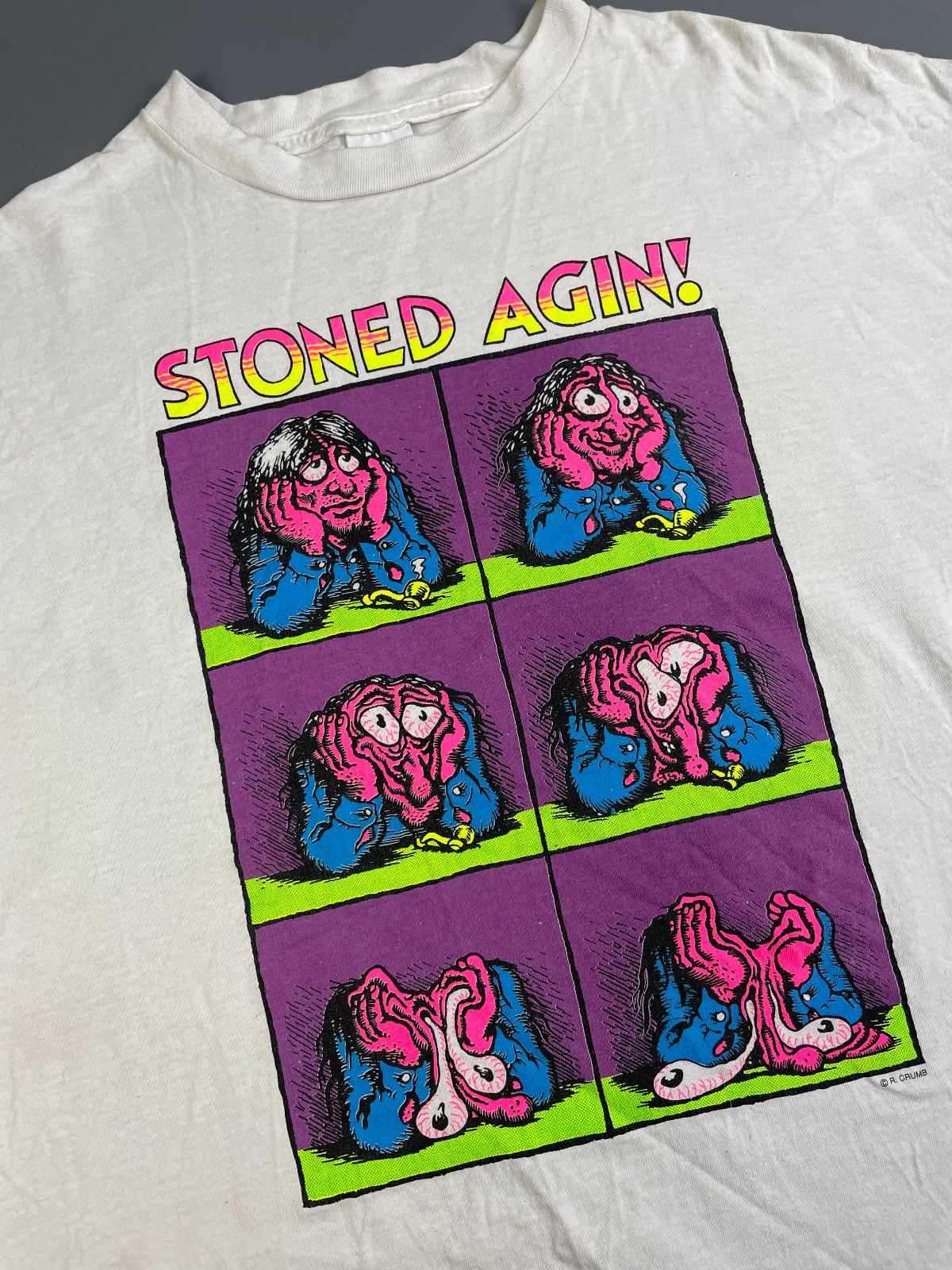 DELTA RAD! ROBERT CRUMB NEON GRAPHIC STONED AGAIN T-SHIRT SINGLE STITCHED in WHITE