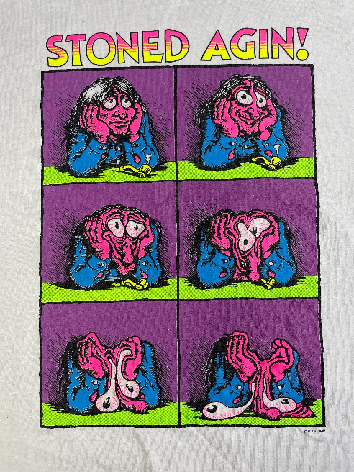 DELTA RAD! ROBERT CRUMB NEON GRAPHIC STONED AGAIN T-SHIRT SINGLE STITCHED in WHITE