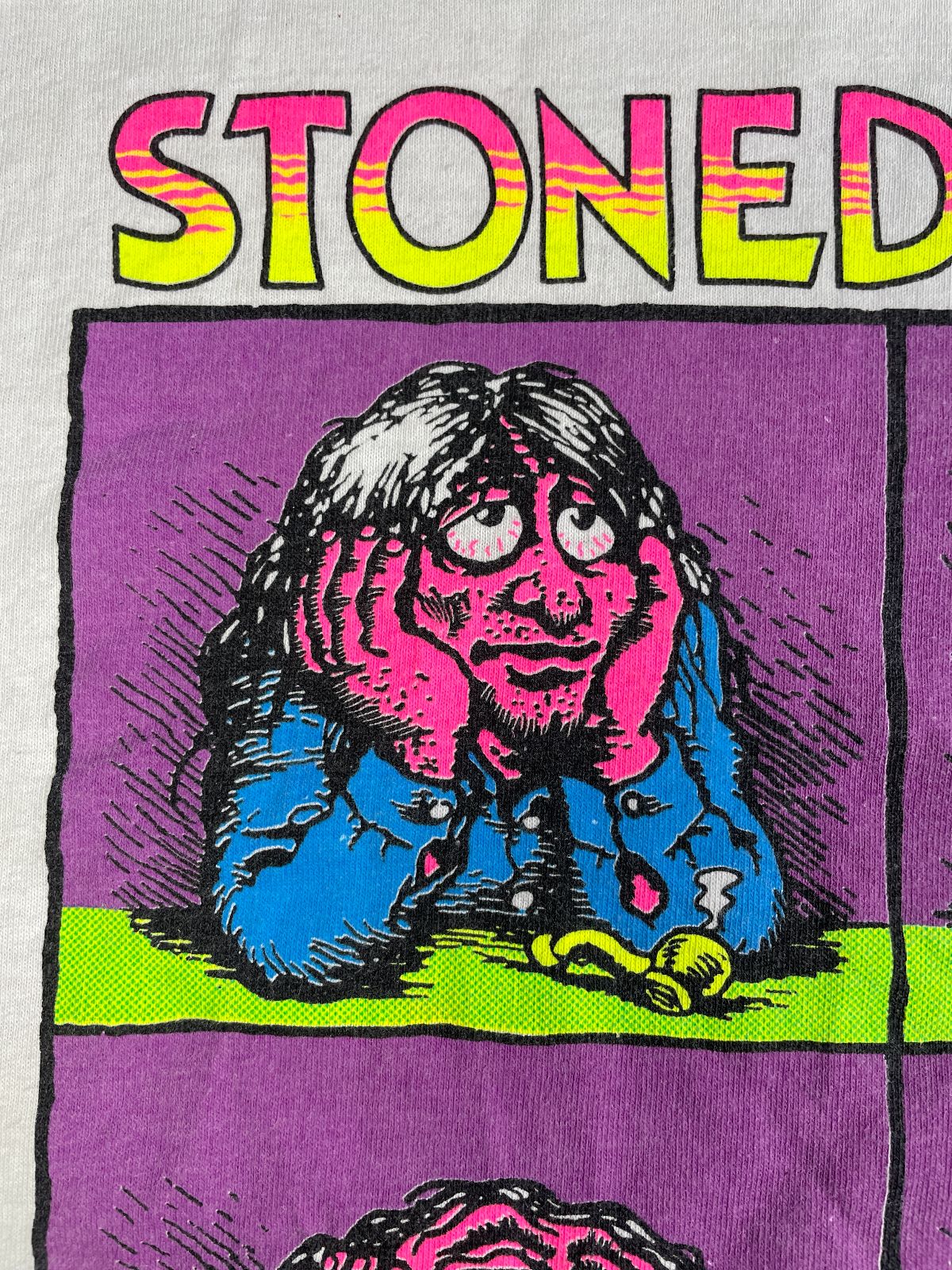 DELTA RAD! ROBERT CRUMB NEON GRAPHIC STONED AGAIN T-SHIRT SINGLE STITCHED in WHITE