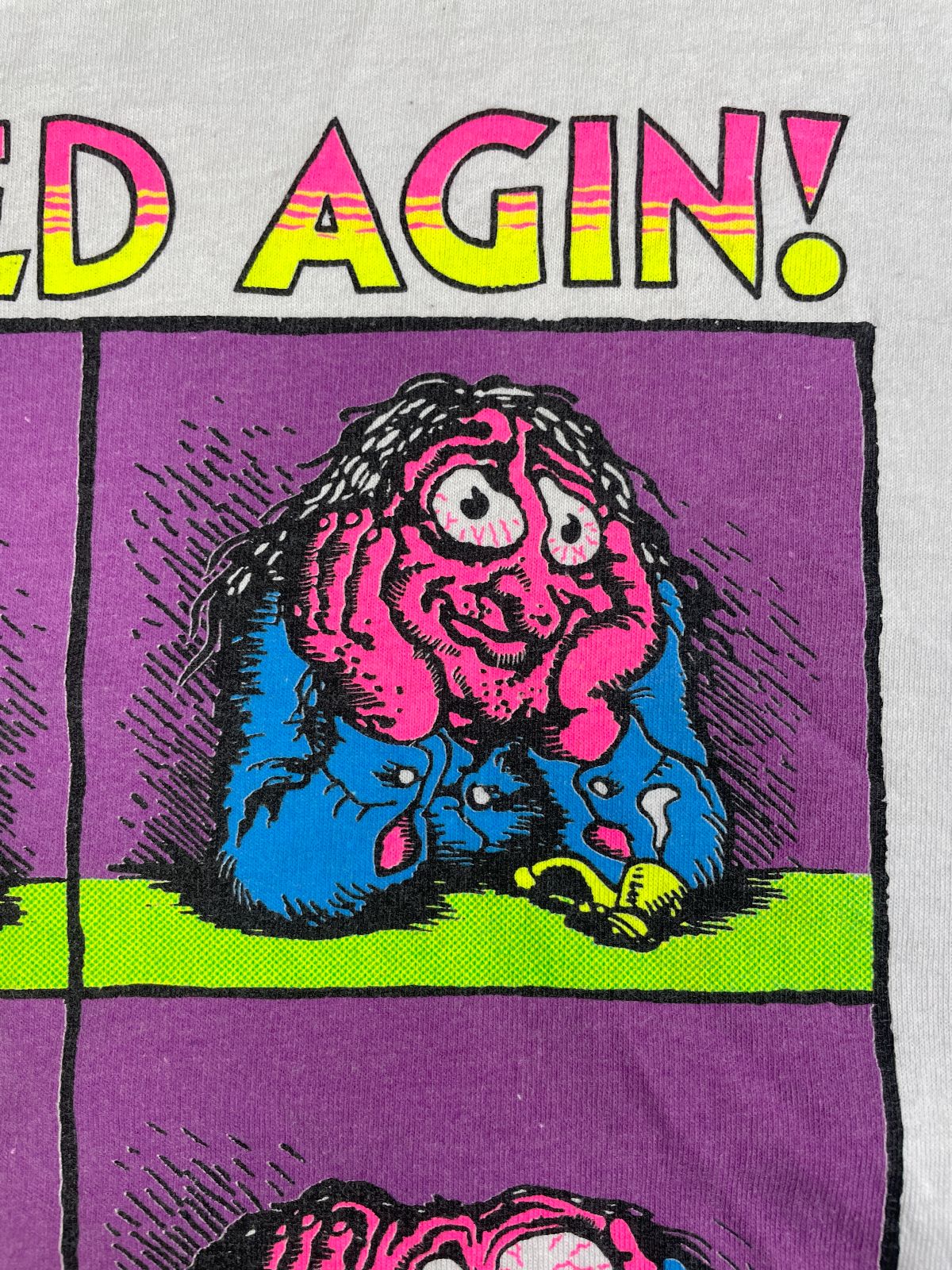 DELTA RAD! ROBERT CRUMB NEON GRAPHIC STONED AGAIN T-SHIRT SINGLE STITCHED in WHITE