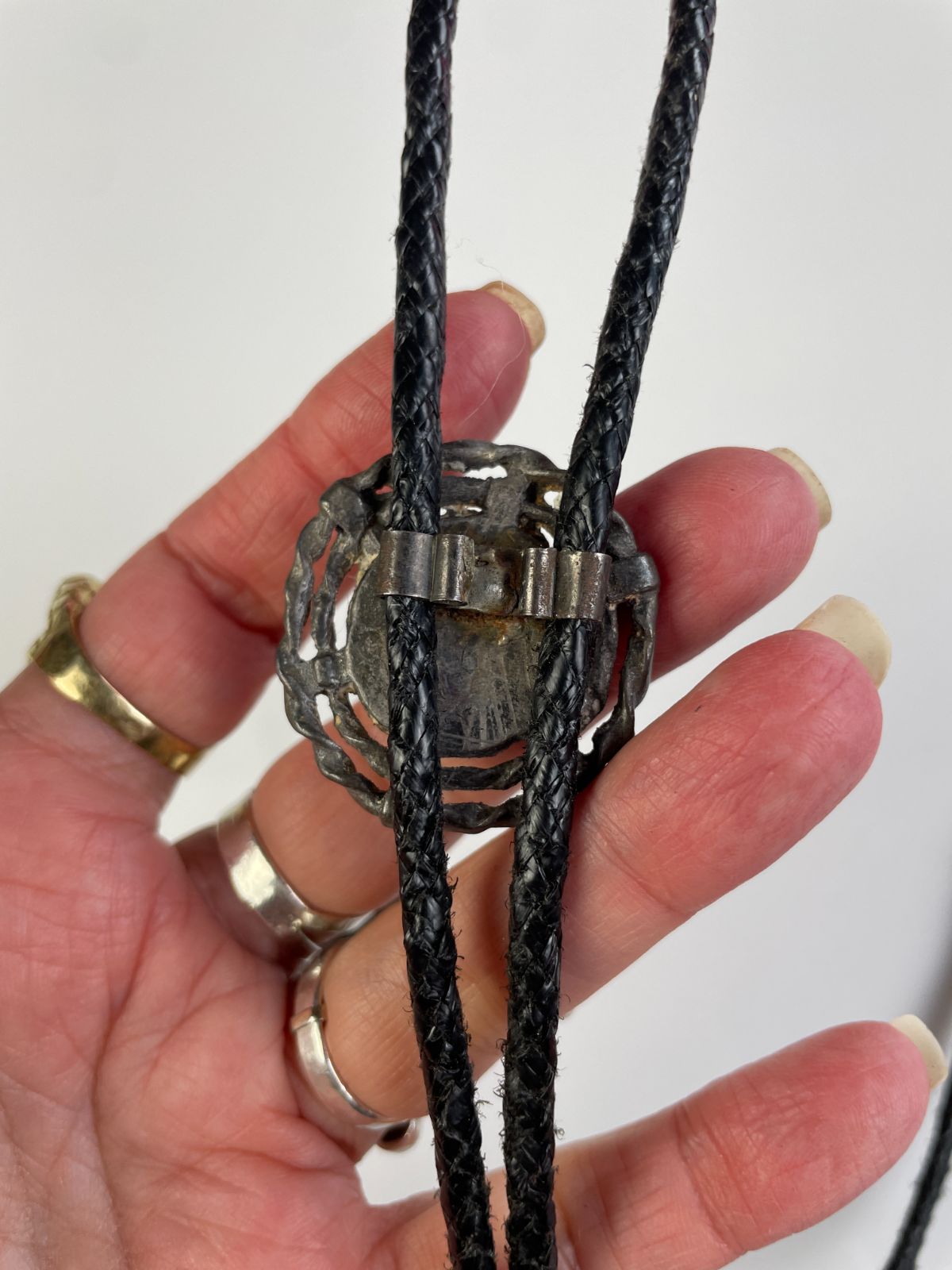 FAUX TURQUOISE ENCASED BOLO TIE, BRAIDED LEATHER CORD in BLACK, BLUE