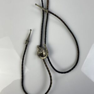 Photo detail:HORSE PROFILE & HORSESHOE BOLO TIE, BRAIDED LEATHER CORD