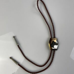 Photo detail:2-TONE PLAQUE HORSE PROFILE BOLO TIE, BRAIDED LEATHER CORD