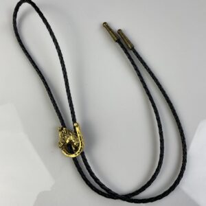 Photo detail:GOLD PLATED HORSE PROFILE & HORSESHOE BOLO TIE, BRAIDED LEATHER CORD