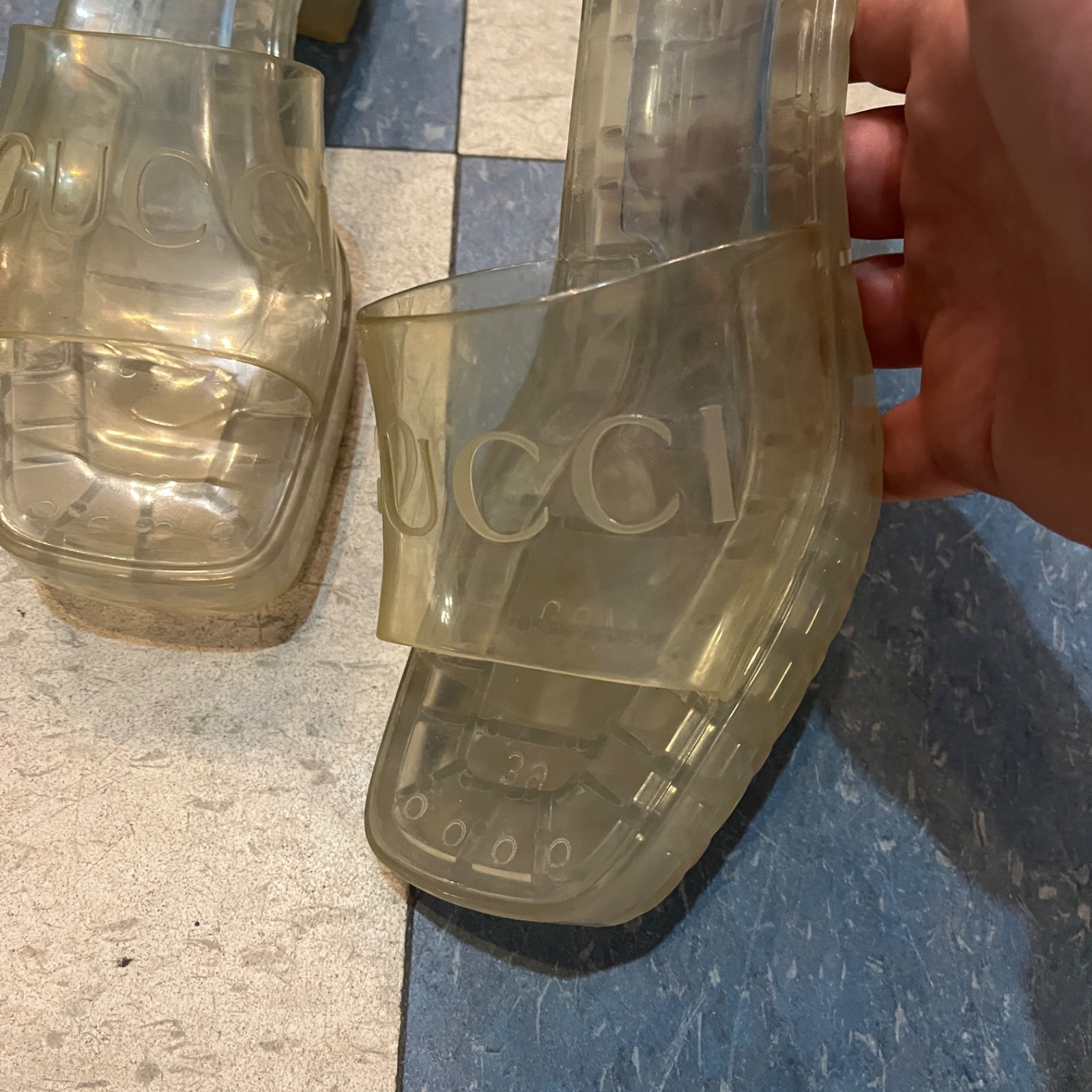 GUCCI *AS-IS* CLEAR JELLY BLOCK HEEL OPEN TOE GUCCI SANDALS in CLEAR