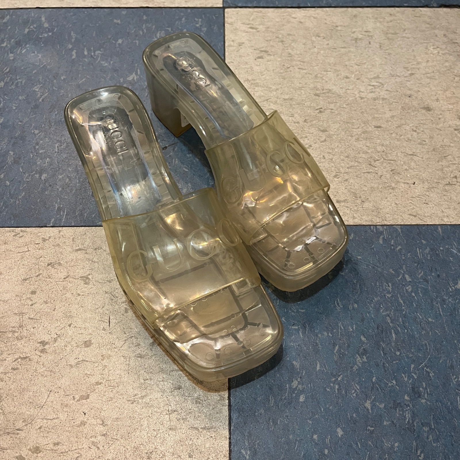 GUCCI *AS-IS* CLEAR JELLY BLOCK HEEL OPEN TOE GUCCI SANDALS in CLEAR