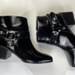 *AS-IS* PATENT LEATHER SIDE ZIPPER BLOCK HEEL HARNESS BOOTS