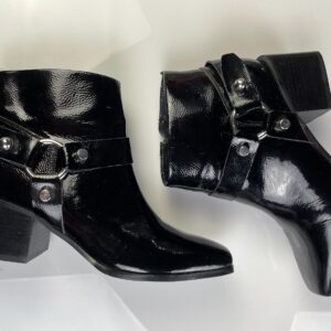 MARC FISHER *AS-IS* PATENT LEATHER SIDE ZIPPER BLOCK HEEL HARNESS BOOTS in BLACK