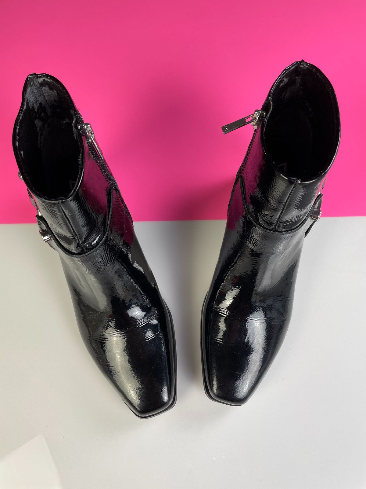 MARC FISHER *AS-IS* PATENT LEATHER SIDE ZIPPER BLOCK HEEL HARNESS BOOTS in BLACK
