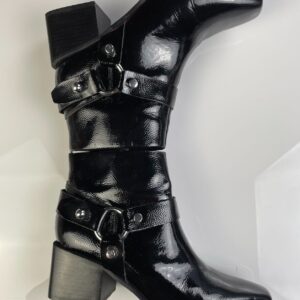 MARC FISHER *AS-IS* PATENT LEATHER SIDE ZIPPER BLOCK HEEL HARNESS BOOTS in BLACK