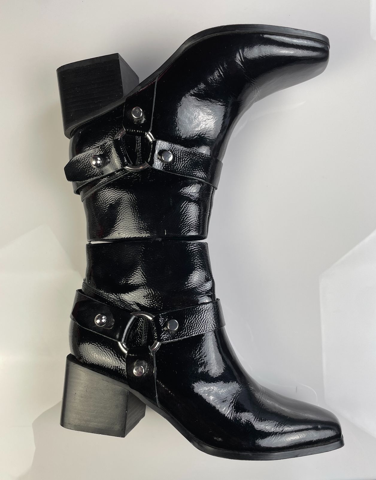 MARC FISHER *AS-IS* PATENT LEATHER SIDE ZIPPER BLOCK HEEL HARNESS BOOTS in BLACK