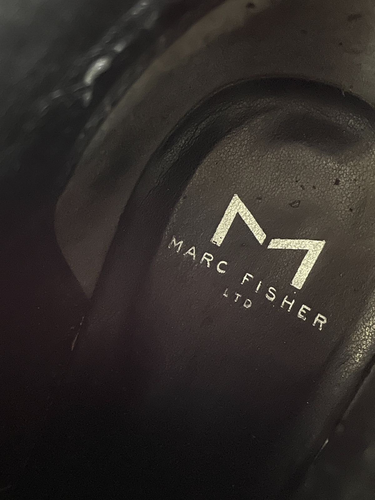 MARC FISHER *AS-IS* PATENT LEATHER SIDE ZIPPER BLOCK HEEL HARNESS BOOTS in BLACK