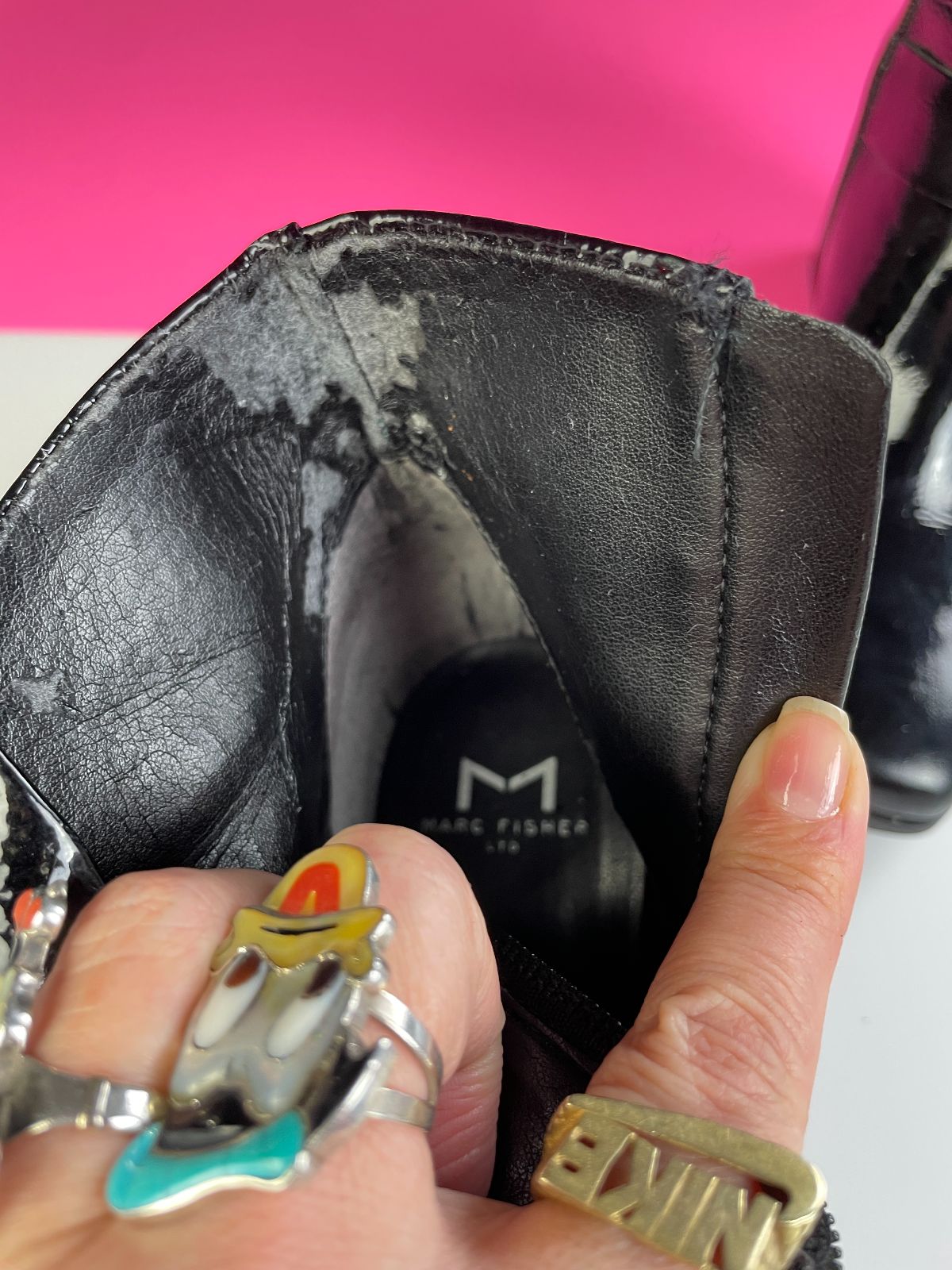 MARC FISHER *AS-IS* PATENT LEATHER SIDE ZIPPER BLOCK HEEL HARNESS BOOTS in BLACK