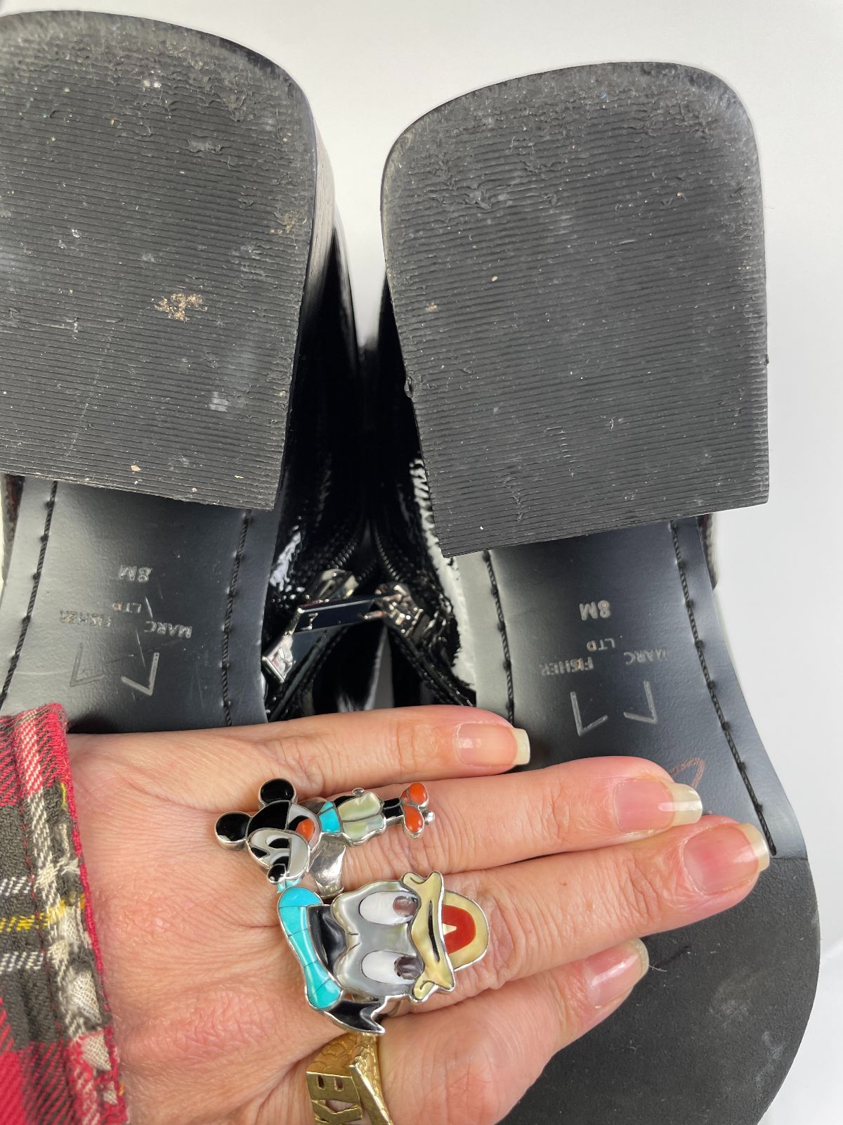 MARC FISHER *AS-IS* PATENT LEATHER SIDE ZIPPER BLOCK HEEL HARNESS BOOTS in BLACK