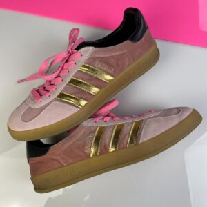 ADIDAS GUCCI X ADIDAS GAZELLES PINK VELVET GUMSOLE SNEAKERS in PINK, GOLD, BLACK