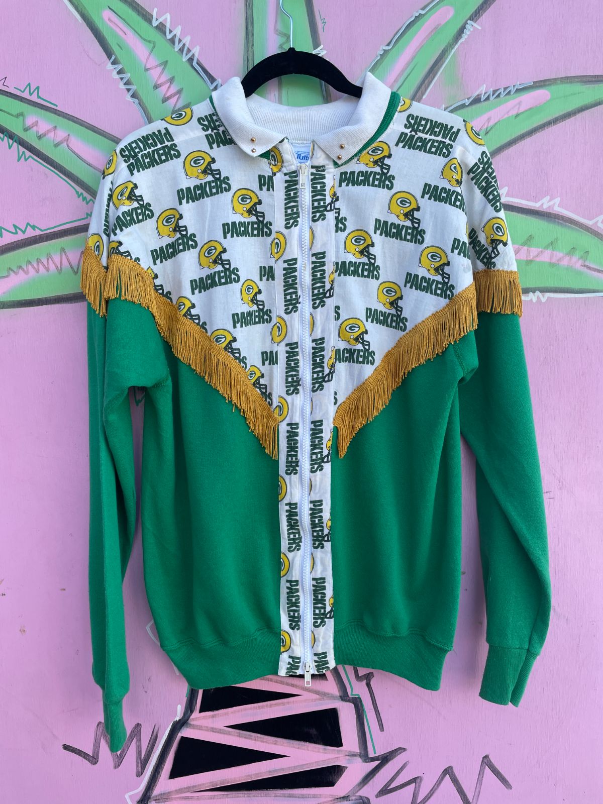 TULEX AS-IS OVER THE TOP NFL GREEN BAY PACKERS FRINGE ZIPUP SWEATSHIRT in GREEN, WHITE, YELLOW