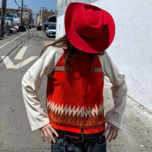 CUSTOM 1970S TERRY CLOTH NAVAJO GEOMETRIC ZIP-UP JACKET in RED, WHITE