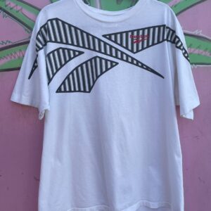 REEBOK *AS-IS* 1990S OVERSIZED STRIPED REEBOK LOGO GRAPHIC T-SHIRT in WHITE, BLACK