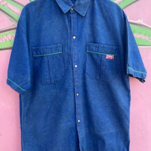 COCA COLA *AS-IS* COOL! 1990S BOXY COCA-COLA BRANDED MARBLE WASH TWILL SHORT SLEEVE SNAP BUTTON DELIVERY WORK SHIRT in BLUE