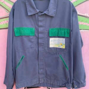 SWEET! COLORBLOCK FRENCH WORKWEAR DELIVERY DRIVERS WORK JACKET - LA ROUTE DU LAIT PATCH, REFLECTIVE BACK PANEL in BLUE, GREEN