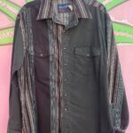 *AS-IS* 1990S SUN FADED VERTICAL STRIPED LONG SLEEVE BLACK PEARL SNAP WESTERN SHIRT, LONG TAILS