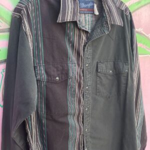 WRANGLER *AS-IS* 1990S SUN FADED VERTICAL STRIPED LONG SLEEVE BLACK PEARL SNAP WESTERN SHIRT, LONG TAILS in BLACK, GRAY, WHITE