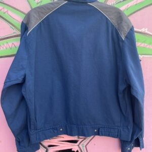 BOCO CROPPED & BOXY COLORBLOCK SNAP BUTTON FRENCH WORKWEAR JACKET, CONTRAST QUILTED SHOULDER PANELS & POCKET in BLUE, GRAY