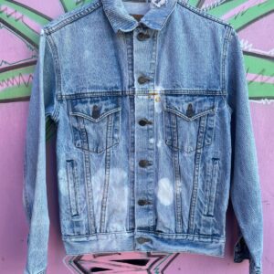 CS & CO *AS-IS* DISTRESSED DENIM TRUCKER JACKET, BLEACH MARKINGS in BLUE