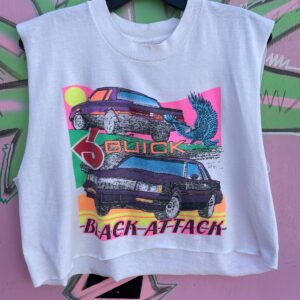 FRUIT OF THE LOOM *AS-IS* RAD! DAYGLOW BUICK BLACK ATTACK GRAPHIC SLEEVELESS CROPPED T-SHIRT in WHITE, MULTI