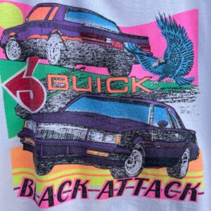 FRUIT OF THE LOOM *AS-IS* RAD! DAYGLOW BUICK BLACK ATTACK GRAPHIC SLEEVELESS CROPPED T-SHIRT in WHITE, MULTI