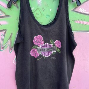 HARLEY DAVIDSON 1980S LACE TRIM HARLEY DAVIDSON SHIELD AND ROSES 3D EMBLEM TANK TOP in BLACK, PURPLE, PINK