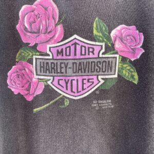 HARLEY DAVIDSON 1980S LACE TRIM HARLEY DAVIDSON SHIELD AND ROSES 3D EMBLEM TANK TOP in BLACK, PURPLE, PINK