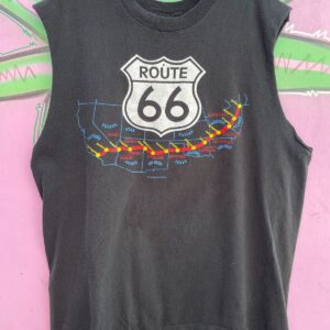 FRUIT OF THE LOOM RAD! 1990S ROUTE 66 INTERSTATE MAP CUT SLEEVE T-SHIRT in BLACK