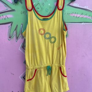 COOGI FUN! COLORBLOCK EMBROIDERED COOGI BRANDED LOGO SLEEVELESS ROMPER, CINCHED WAIST, CONTRAST BINDING in YELLOW, RED