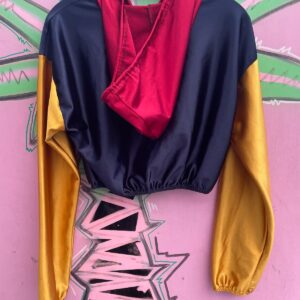 CUTE! SUPER CROPPED & HOODED COLORBLOCK SATIN JACKET in RED, BLUE, YELLOW