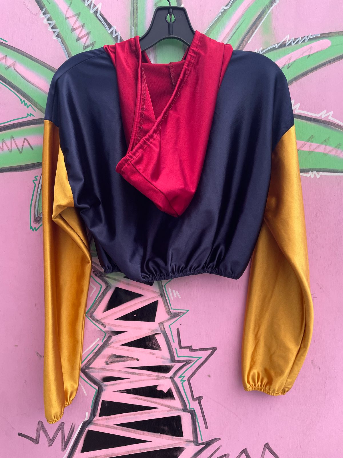 CUTE! SUPER CROPPED & HOODED COLORBLOCK SATIN JACKET in RED, BLUE, YELLOW