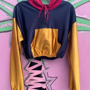 CUTE! SUPER CROPPED & HOODED COLORBLOCK SATIN JACKET in RED, BLUE, YELLOW