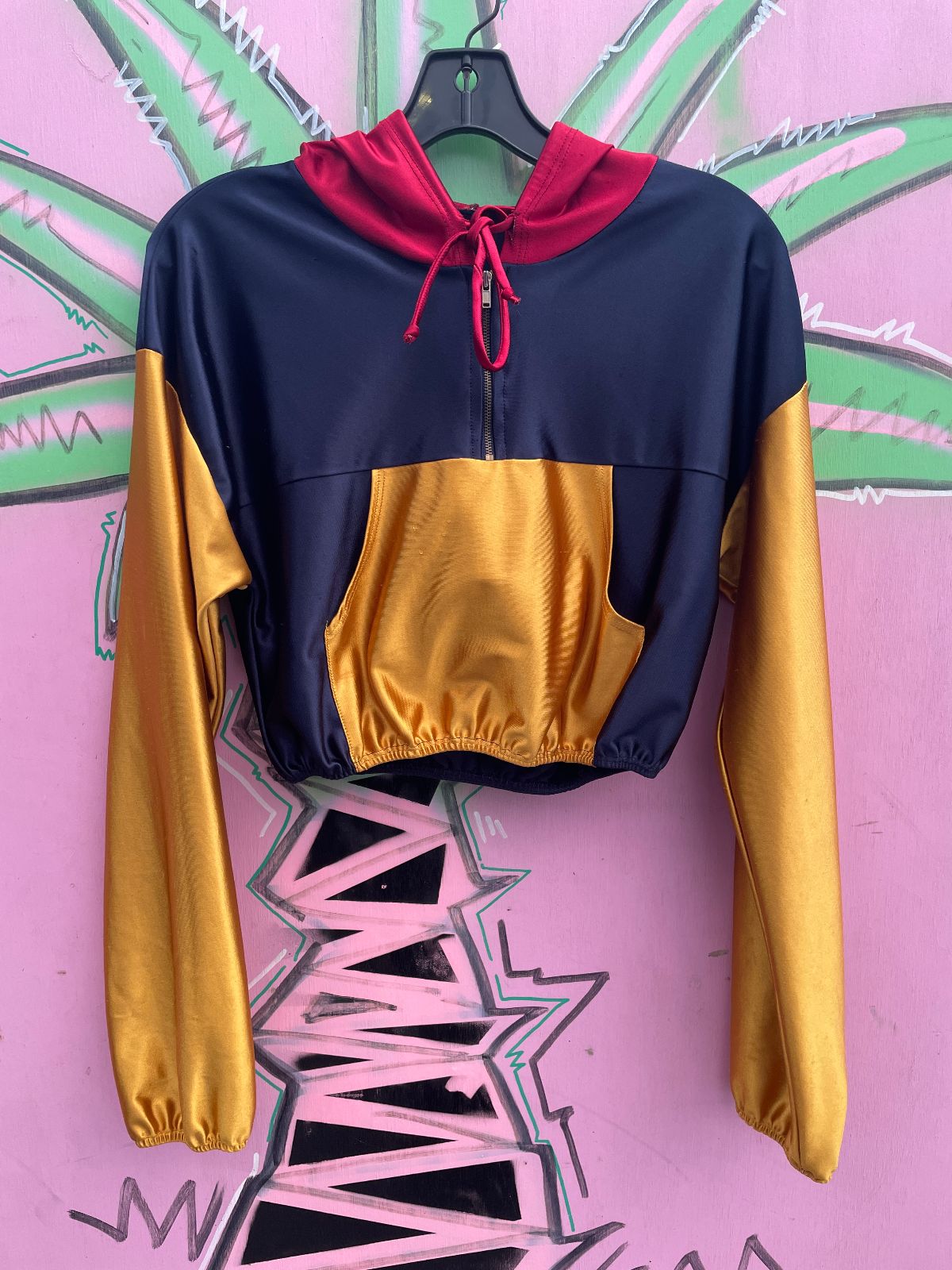 CUTE! SUPER CROPPED & HOODED COLORBLOCK SATIN JACKET in RED, BLUE, YELLOW