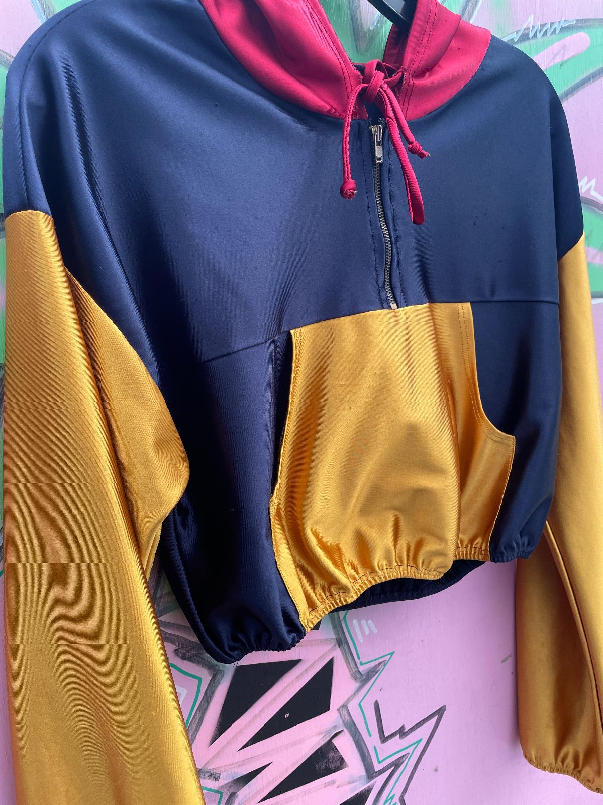 CUTE! SUPER CROPPED & HOODED COLORBLOCK SATIN JACKET in RED, BLUE, YELLOW