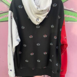 CHAMPION CHAMPION ALL OVER PRINT COLORBLOCK HOODED SWEATSHIRT in BLACK, RED, WHITE