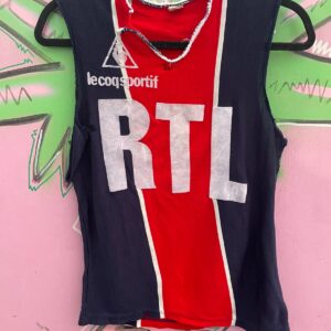 LE COQSPORTIF *AS-IS* THRASHED! 1980S RTL KNIT FABRIC SOCCER JERSEY in BLUE, RED