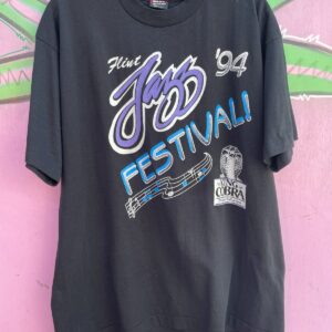 KING KOBRA DEADSTOCK 1994 FLINT JAZZ FESTIVAL SPONSORED BY KING KOBRA SINGLE STITCH T-SHIRT in BLACK, BLUE, WHITE
