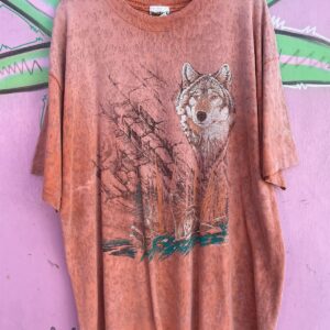 RAGTOPS UNIQUE MARBLE WASH WOLF IN FOREST SCENIC PRINT SINGLE STITCH T-SHIRT in ORANGE