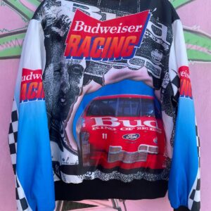 CHALK LINE AS-IS CHALKLINE BUDWEISER RACING FANIMATION BUTTON UP JACKET in BLACK, WHITE, BLUE
