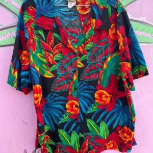 HILO HATTIE BRIGHT! 100% COTTON SATURATED TROPICAL PRINT HAWAIIAN SHIRT in RED, GREEN, BLUE